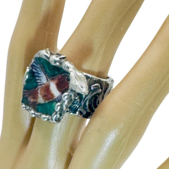 Hand Crafted Broken Lena Liu Hummingbird China Ring Silver Blend Boho-Metalwork - Picture 4 of 14
